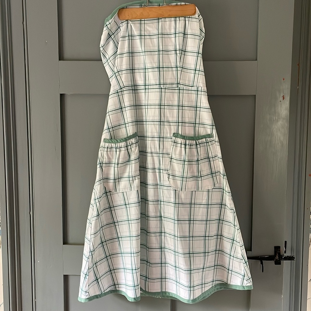 White Blue Green Plaid Strapless Dress